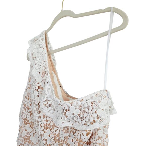 Donna Morgan White Floral Crochet Tan Lined One Shoulder Ruffle Mini Dress Sz 10 - Picture 6 of 13